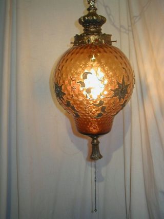 Vtg Mcm Hollywood Regency Amber Glass Hanging Swag Lamp Light Carl Falkenstein?