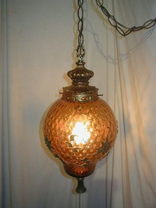 VTG MCM HOLLYWOOD REGENCY AMBER GLASS HANGING SWAG LAMP LIGHT CARL FALKENSTEIN? 2