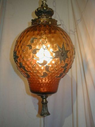 VTG MCM HOLLYWOOD REGENCY AMBER GLASS HANGING SWAG LAMP LIGHT CARL FALKENSTEIN? 3