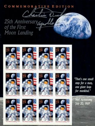 Apollo 16 Astronaut Charlie Duke Signed Sheet Of 25th Anniversary Stamps