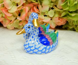 Vintage Herend Pair Loving Ducks Figurine Blue Fishnet Gold