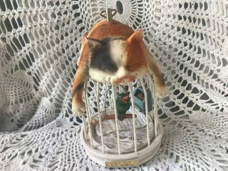 Vintage Westland Cat Sleeping On Bird Cage W Swinging Bird Music Box