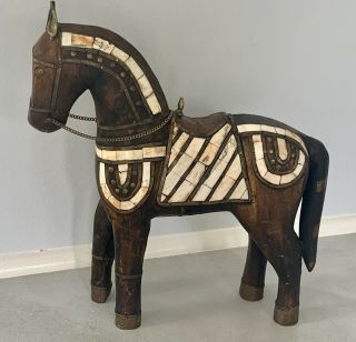 Carved Wooden Horse Figurine Statue Mother Of Pearl Saddle 15” Tall Collectible