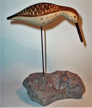 Old Sea Bird Hand Carved Wood Stone Base Art Sculpture Statue Figurine Vintage