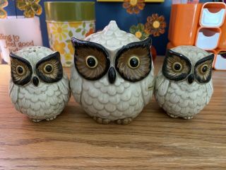 Set Of 3 Vintage White Ceramic Owls Salt Pepper Shakers Bowl