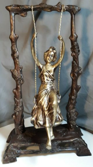 Vintage Moreau Bronze Metal French Art Girl On Swing Sculpture Statue Figurine