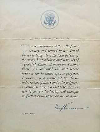 - Ww2 Pres.  Harry S.  Truman " Defeat Of The Enemy " Thank You Letter C1945