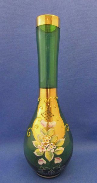 Green Glass Bud Vase With Hand Painted Floral Motif & Gold Accents - Norcrest