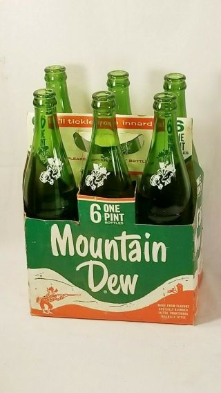 Vintage Mountain Dew Hillbilly Cardboard 6 Bottle Carrier & Bottles