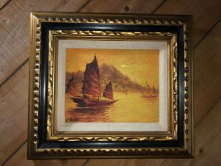 Vintage Signed C.  Haag Chinese Junk Boat Fleet Sunset Seascape Oil Painting