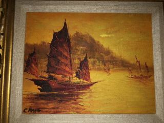 Vintage Signed C.  HAAG Chinese Junk Boat Fleet Sunset Seascape Oil Painting 2