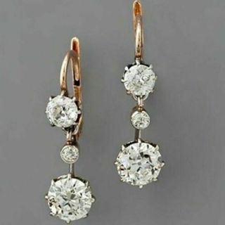 Antique Vintage Art Deco 3.  55ct Diamond Dangle Lever Back 14k Gold Over Earrings