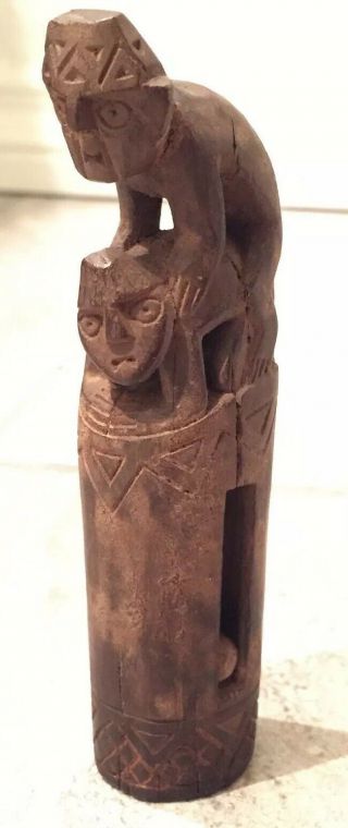 Stunning 700ad Peru Moche Culture Carved Wood Erotic Warrior & Captive Rattle