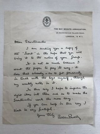 Vintage Scouting Memorial - Boy Scout Official Letter By Baden Powell