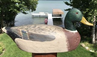 Vintage Ben Schmidt Oversized Early Mallard Drake Duck Decoy Hollow Michigan
