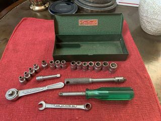 Vintage S - K Wayne 1/4” Socket Set Ratchet Spinner Breaker Bar Wrench Case