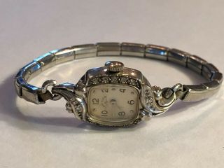 Vintage Lady Elgin 14k White Gold & Diamond Wrist Watch.