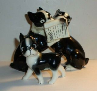 2 Vintage Boston Terrier Ceramic Figurines - Holding Newspaper.  1950’s Japan