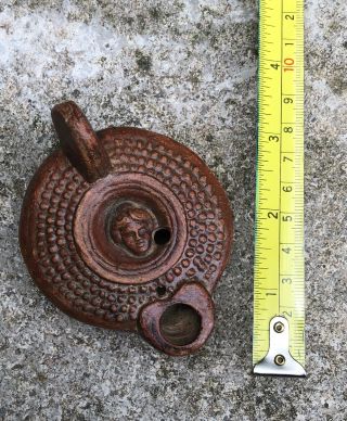 Ancient Roman - Terracotta Redware - Oil Lamp - With Head Of A Woman
