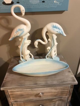 Rare Vintage Tall Ceramic Blue & White Flamingo Figurines California Pottery