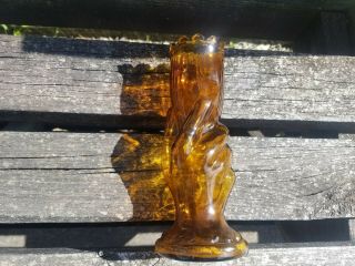 Vintage Amber Glass Lady Hand Holding Fluted Ruffle Glass Torch Bud Vase 9 "