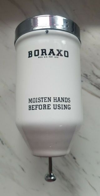 Vintage Boraxo Hand Soap Dispenser,  White Enamel Chrome Top Gas Service Station