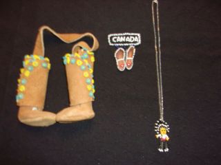 Vintage Canadian Hand - Crafted Miniature Leather Boots,  Moccasin Pin,  And Necklace