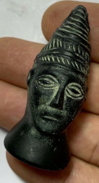 Ancient Bactrian Alabaster Black Stone Head Deity Fragment Pendant Circa 200bc - 2