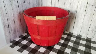 Vintage Old Farm Fall Apple Picking Red Slat Basket With Metal And Wood Handle