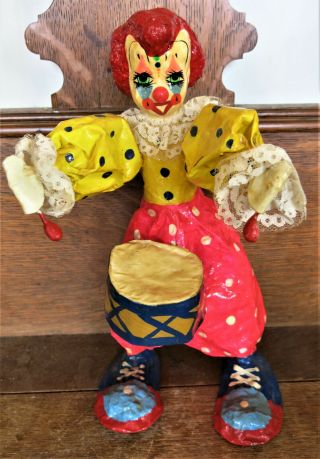Vintage Paper Mache Clown Playing Drum Made In Mexico Folk Art Decor 12 " Tall