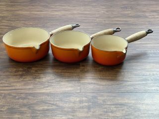 Vintage Le Creuset Set 3 Orange Saucepans Wooden Handles
