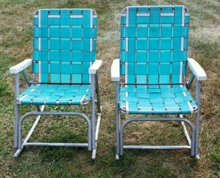 2 Vintage Mid Century Modern Blue White Folding Webbed Rocking Lawn Chairs Pair