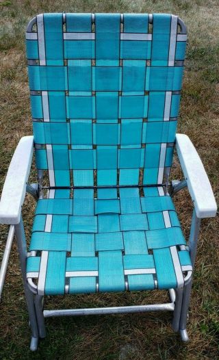 2 Vintage Mid Century Modern Blue White Folding Webbed Rocking Lawn Chairs Pair 2