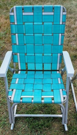 2 Vintage Mid Century Modern Blue White Folding Webbed Rocking Lawn Chairs Pair 3
