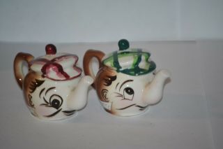 Anthropomorphic Face Teapots Red Green Checked Caps Salt Pepper Set Japan