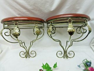 Pair Vintage Home Interiors Wood And Gold Metal Leaf Design Wall Shelves