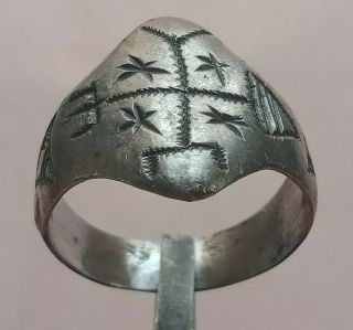 Scarce Ancient Byzantine Crusaders Silver Seal Ring With Heraldic Monogram