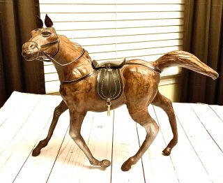 Vintage Custom Leather Wrapped Galloping Horse Statue Equestrian Sculpture