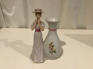 Vintage Sweet Little Figure Of Women Wearing A Hat And Long Dress With Vase 454