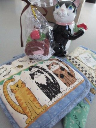 Birthday Teapot Cat With Rose,  Hot Mitt And Pot Holder And Cake Dish Cloths