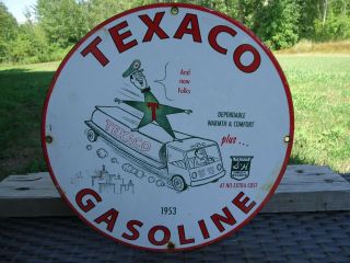 Old Vintage 1953 Texaco Gasoline Porcelain Gas Station & Motor Oil Pump Sign