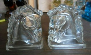Pair Mcm Vintage Le Smith Horse Head Bookends Clear Glass Figurine Statue