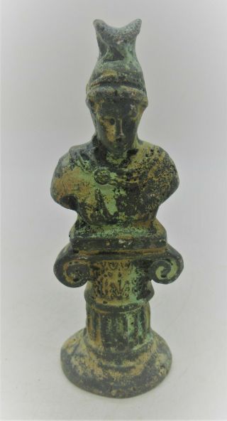 Ancient Roman Bronze Statuette Bust Of A Gladiator On Pillar Circa 200 - 300 Ad
