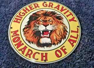 Vintage Gilmore Lion Higher Gravity Monarch Of All Porcelain Metal Gas Oil Sign