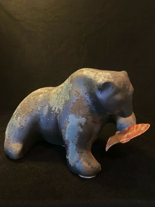 Vtg Tony Evans Designs Raku Pottery Bear W/ Copper Fish Sculpture Figure Ca