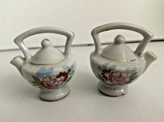 Vintage Porcelain Teapot Salt And Pepper Shakers With Floral Design Japan