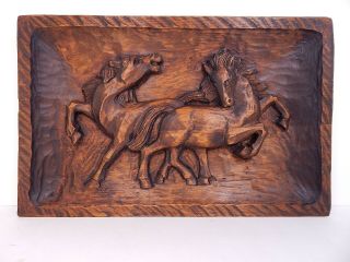 Black Forest German Wood Carving Horses Playing Wall Panel Picture,  Signed Dated