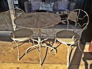 Vintage Wrought Iron Patio Table & 2 Chairs - Whitewash