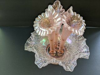 Vintage Fenton Pink Opalescent Diamond Lace 3 Horn Epergne