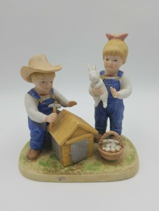 Homco Denim Days 1985 " The Bunny Hutch " Figurine 1514 Porcelain Collectible